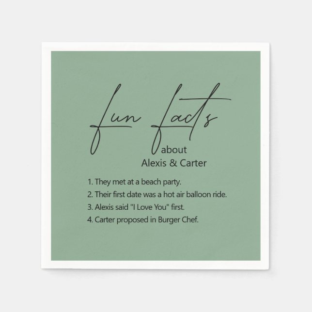 Wedding Fun Facts On Sage Green Napkin (Front)