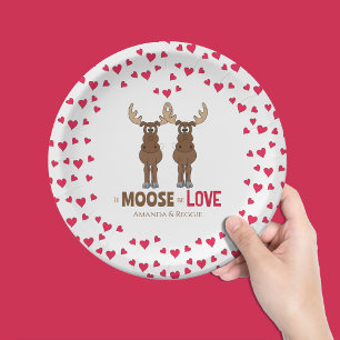 Wedding Funny Moose Red Hearts Whimsical Paper Plate