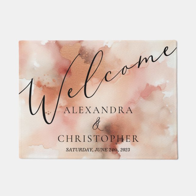 Wedding Game Rose Gold Dust Watercolor Calligraphy Doormat (Front)