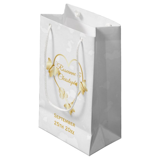 Wedding Gift Bag Gold Coloured Heart Butterflies (Front Angled)