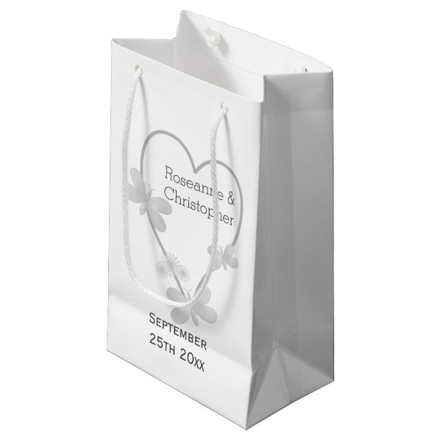 Wedding Gift Bag Silver Heart Butterflies (Front Angled)