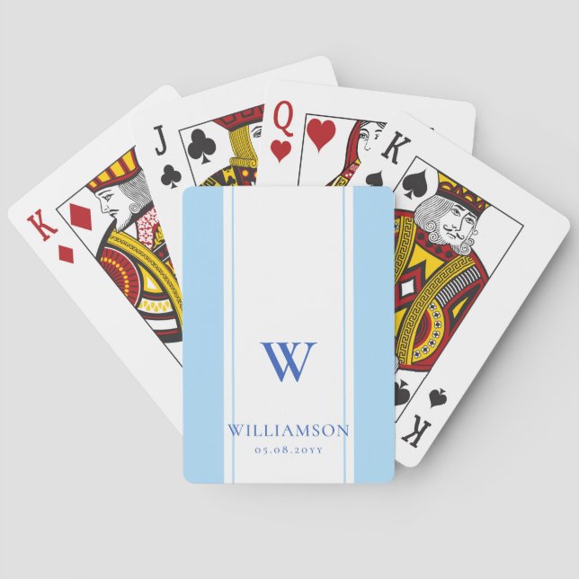 Wedding Gift Blue Stripes Monogram Personalised Playing Cards (Back)