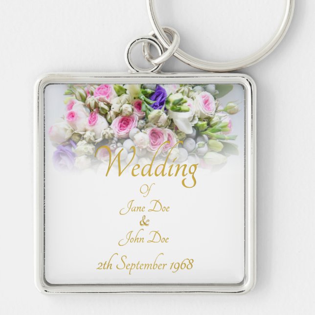 Wedding Gift - Bride with colourful wedding bouque Key Ring (Front)