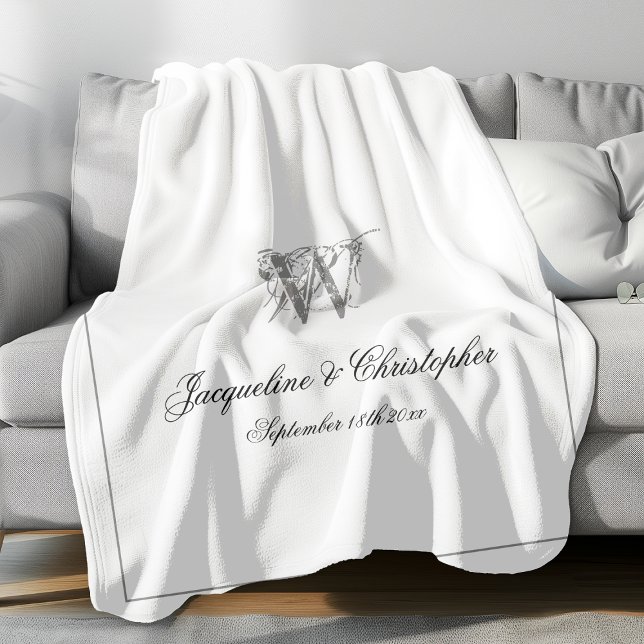 Wedding Gift Elegant Newlywed Keepsake Monogram  Fleece Blanket (Elegant gray monogram with gray font names and gray border against white background fleece blanket.)