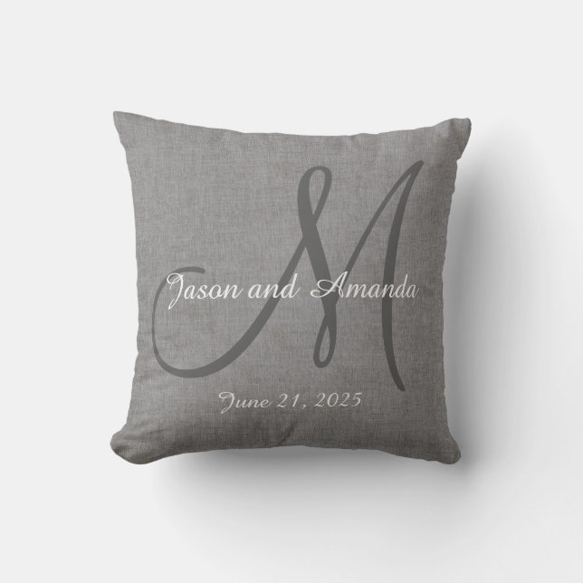 Wedding Gift Monogram Custom Faux Grey Linen Cushion (Front)