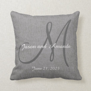 Wedding Gift Monogram Custom Faux Grey Linen Cushion