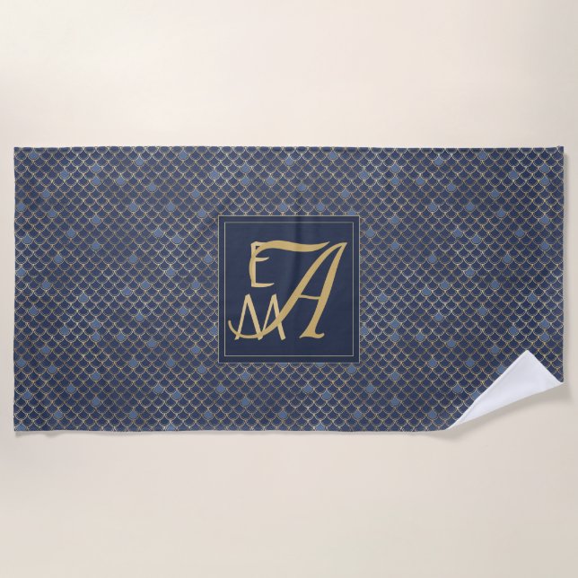Wedding Gift Monogram Navy Blue Mermaid Scales Beach Towel (Front)