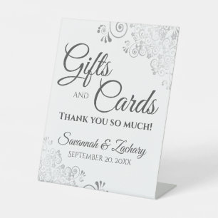 Wedding Gifts & Cards Lacy Silver Grey on White Pedestal Sign