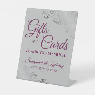 Wedding Gifts & Cards Lacy Silver Magenta on Grey Pedestal Sign