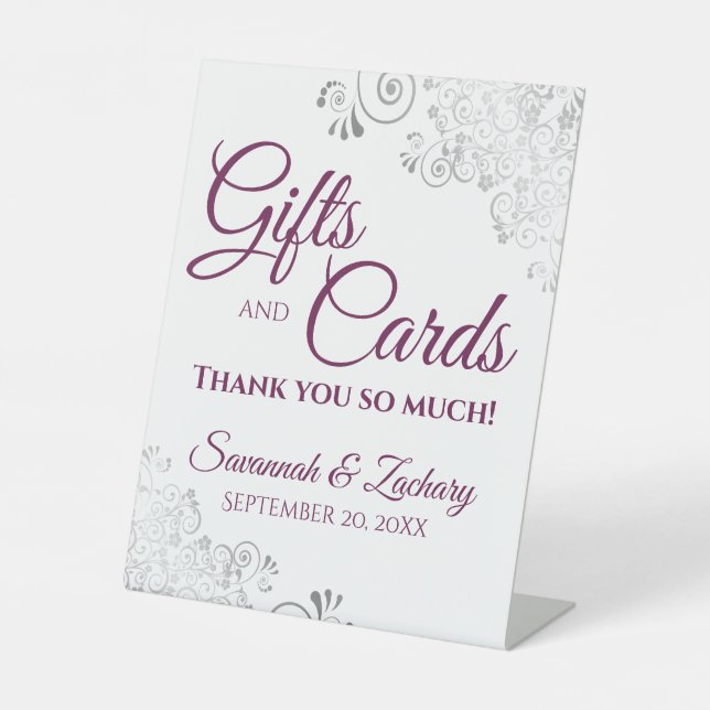 Wedding Gifts & Cards Lacy Silver Magenta on White Pedestal Sign (Front)