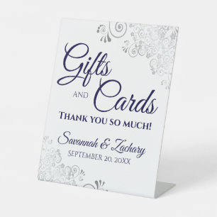 Wedding Gifts & Cards Lacy Silver Navy on White Pedestal Sign