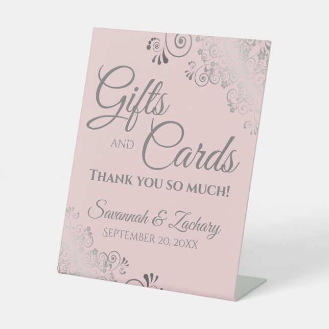 Wedding Gifts & Cards Lacy Silver on Blush Pink Pedestal Sign (Front)
