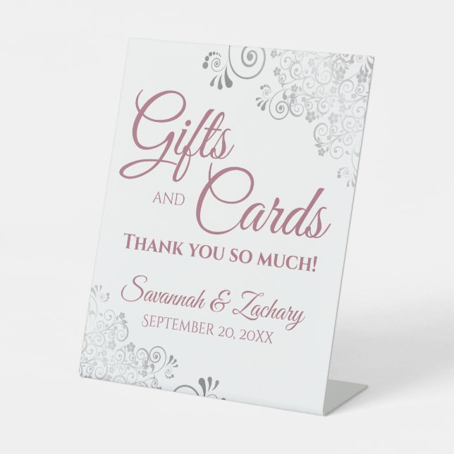 Wedding Gifts & Cards Silver Frills & Dusty Rose Pedestal Sign (Front)