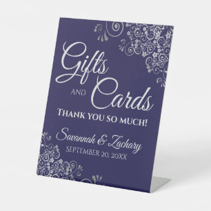 Wedding Gifts & Cards Silver Frills on Navy Blue Pedestal Sign