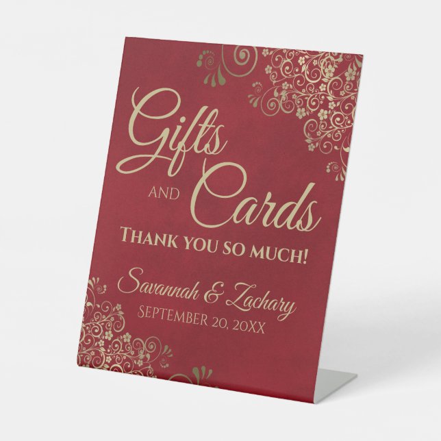 Wedding Gifts & Cards Thank You Gold Frills on Red Pedestal Sign (Front)