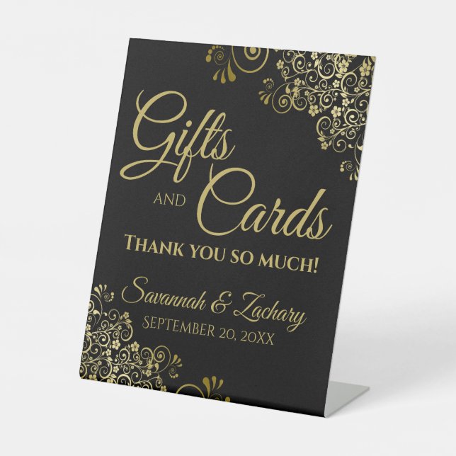 Wedding Gifts & Cards Thank You Lacy Gold on Black Pedestal Sign (Front)
