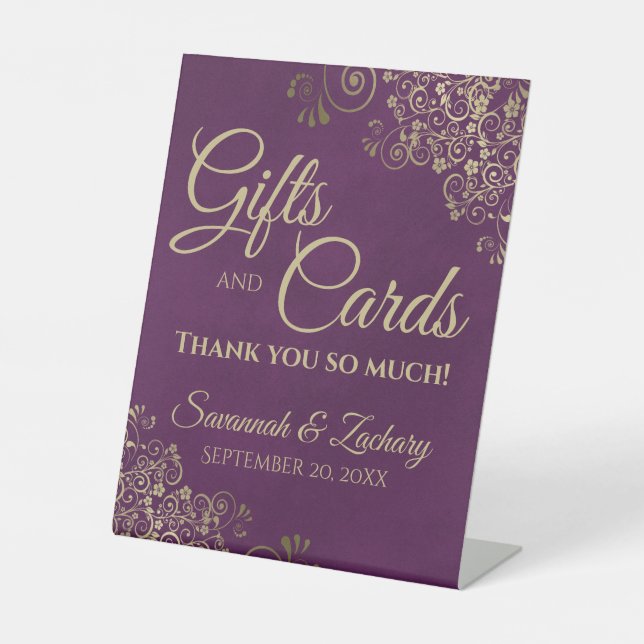 Wedding Gifts & Cards Thank You Plum Purple & Gold Pedestal Sign (Front)