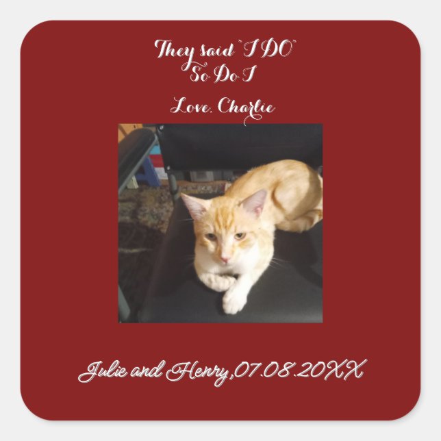 Wedding Ginger Cat Photo Text Customise Square Sticker (Front)