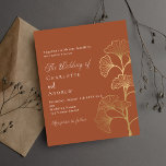 Wedding ginkgo leaf terracotta budget invitation<br><div class="desc">A trendy terracotta,  dusty earth coloured background decorated with simple golden ginkgo leaves. Personalise and add your names and the details. 

1 sheet = 1 invitation printed edge to edge.</div>