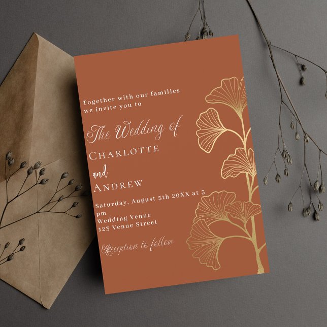 Wedding ginkgo leaves terracotta brown gold luxury invitation (Creator Uploaded)