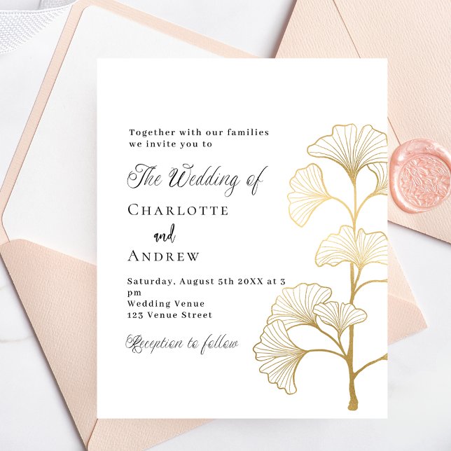 Wedding ginkgo leaves white gold budget invitation (Creator Uploaded)
