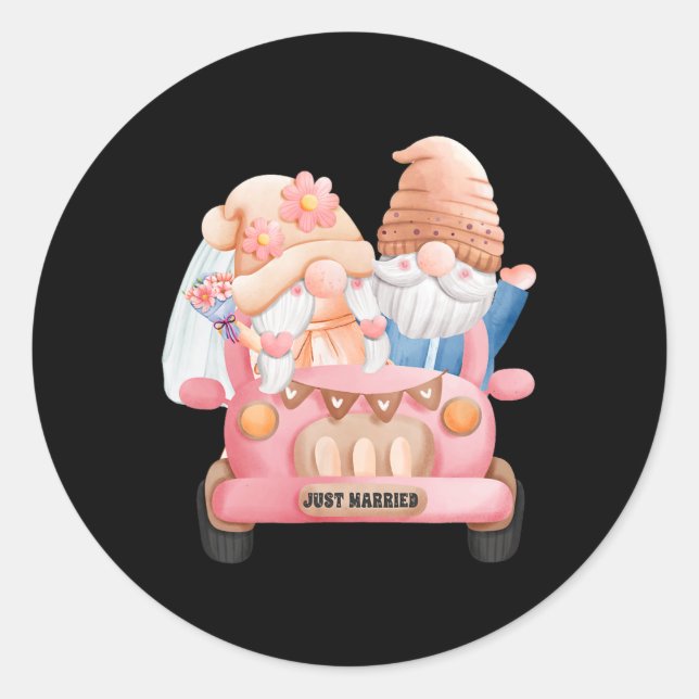 Wedding Gnome Just Married Newlywed Bride Groom Co Classic Round Sticker (Front)