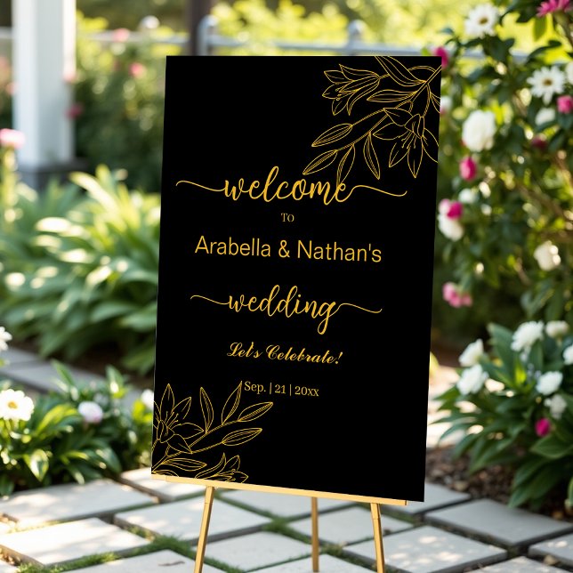 Wedding Gold And Black Elegant Floral Welcome Acrylic Sign (Creator Uploaded)