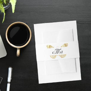 Wedding gold butterfly white monogram invitation belly band