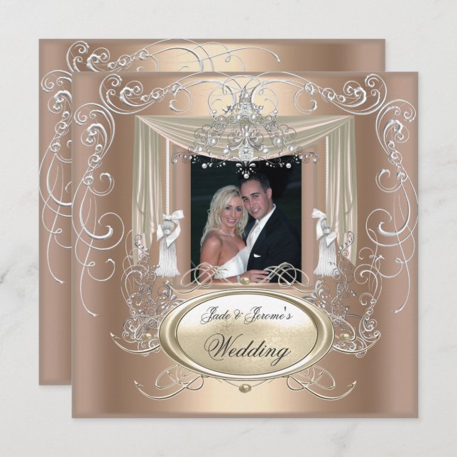 Wedding Gold Coffee Cream Silver Ornate Elegant Invitation (Front/Back)