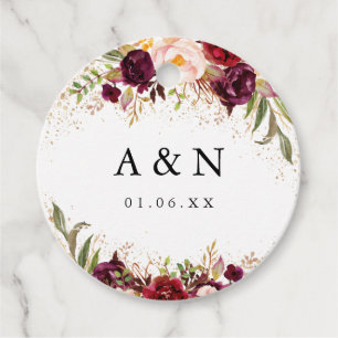 Wedding Gold Dust Burgundy Floral Favour Tags