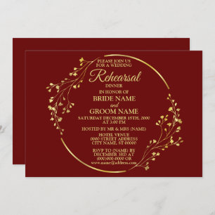Wedding Gold Floral Wreath Red Rehearsal Dinner Invitation