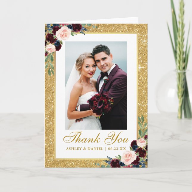 Wedding Gold Glitter Burgundy Blue Floral Fold Thank You Card (Front)