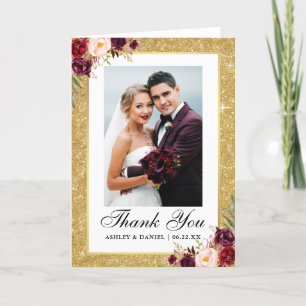 Wedding Gold Glitter Burgundy Floral Photo Fold Thank You Card