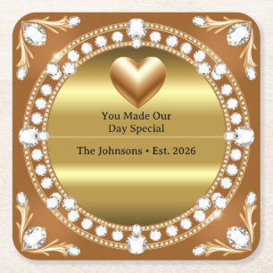 💍 Wedding Gold Heart Monogram Style 🌹 Square Paper Coaster