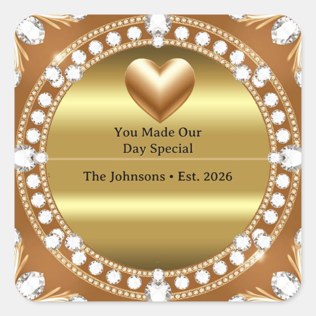 💍 Wedding Gold Heart Monogram Style 🌹 Square Sticker (Front)