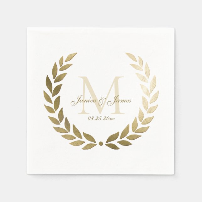 Wedding Gold Laurel Wreath Monogrammed White Napkin (Front)
