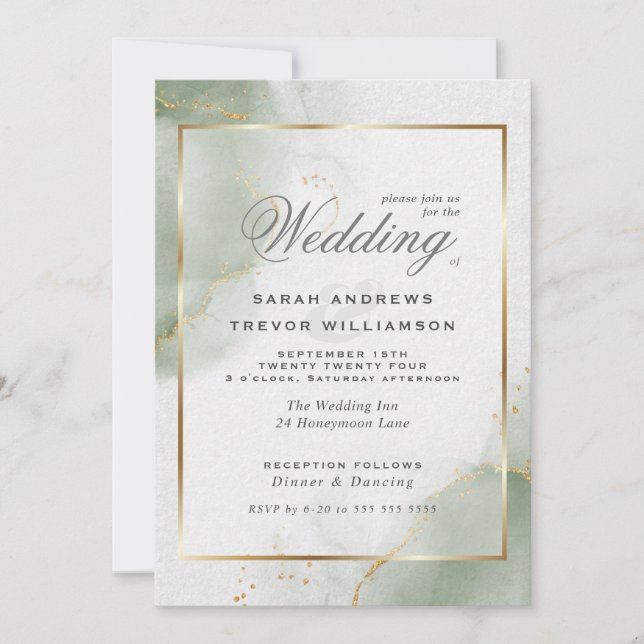 Wedding Gold Muted Sage Green  Invitation (Front)