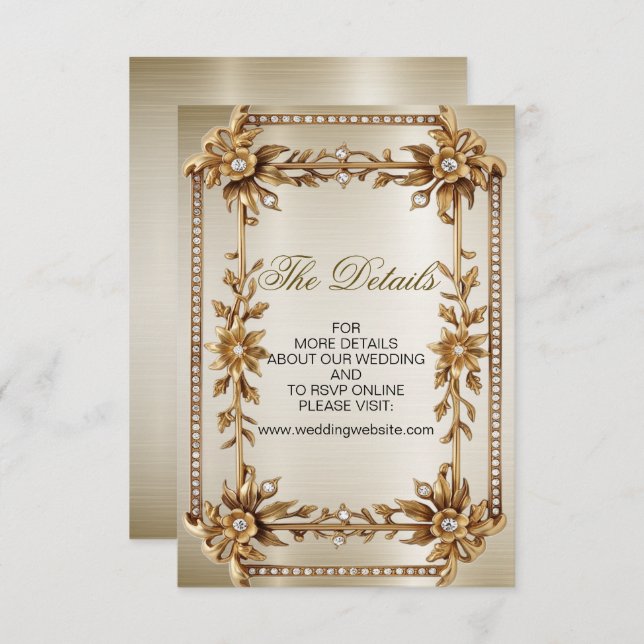 Wedding Gold Ornate Rectangle Dimond Flowers Shiny Enclosure Card (Front/Back)