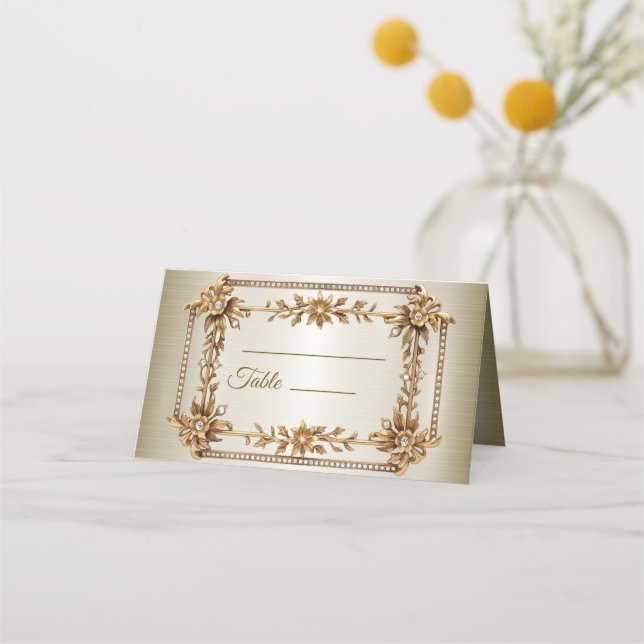 Wedding Gold Ornate Rectangle Dimond Flowers Shiny Place Card (Front)