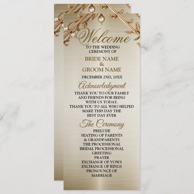 Wedding Gold Ornate Rectangle Dimond Flowers Shiny Programme (Front/Back)