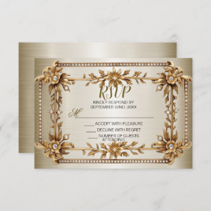 Wedding Gold Ornate Rectangle Dimond Flowers Shiny RSVP Card