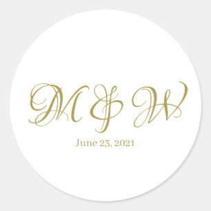 Wedding gold script monogram elegant custom white classic round sticker