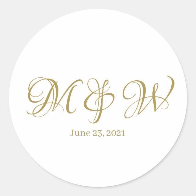Wedding gold script monogram elegant custom white classic round sticker (Front)