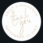 Wedding Gold Script Thank You Names Date Classic Round Sticker<br><div class="desc">Wedding Gold Script Thank You Names Date An elegant script typographical design with your names curved at the top and your wedding date curved at the bottom and Thank You in a set handwritten style in the centre. Easily personalise the text and you can also change text and background colours...</div>