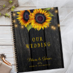 Wedding gold sunflower wood personalised  planner<br><div class="desc">Rustic country sunflower wedding planner featuring strings of twinkle lights and big sunflowers on a dark brown barn wood background. It can be a beautiful bridal shower gift for the bride.</div>