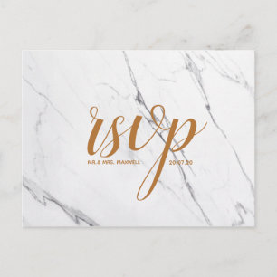 Wedding Gold White Marble Script Postcard Rsvp