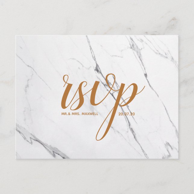 Wedding Gold White Marble Script Postcard Rsvp (Front)
