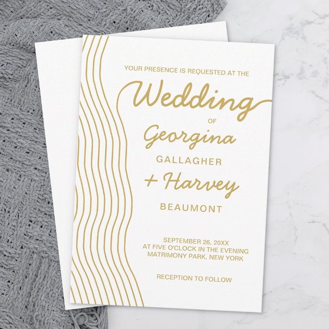 Wedding Gold White Wavy Lines Elegant Minimalist Invitation (Creator Uploaded)