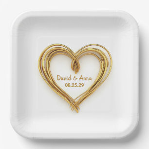 Wedding Gold Wired Heart On White Paper Plate