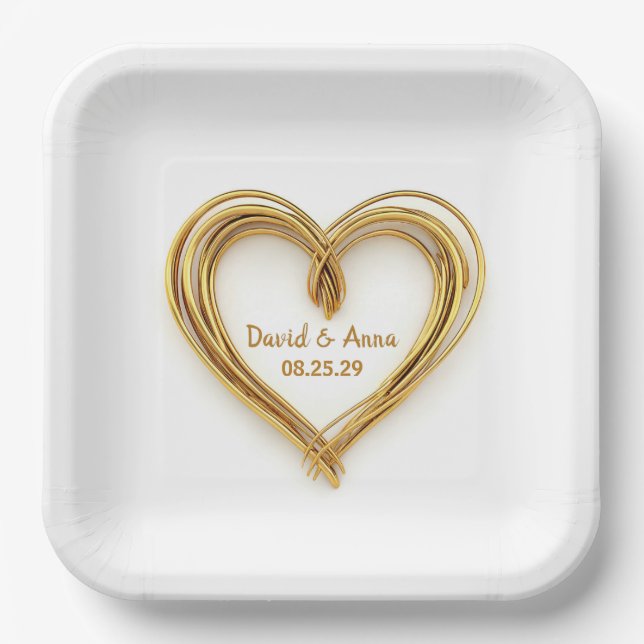 Wedding Gold Wired Heart On White Paper Plate (Front)